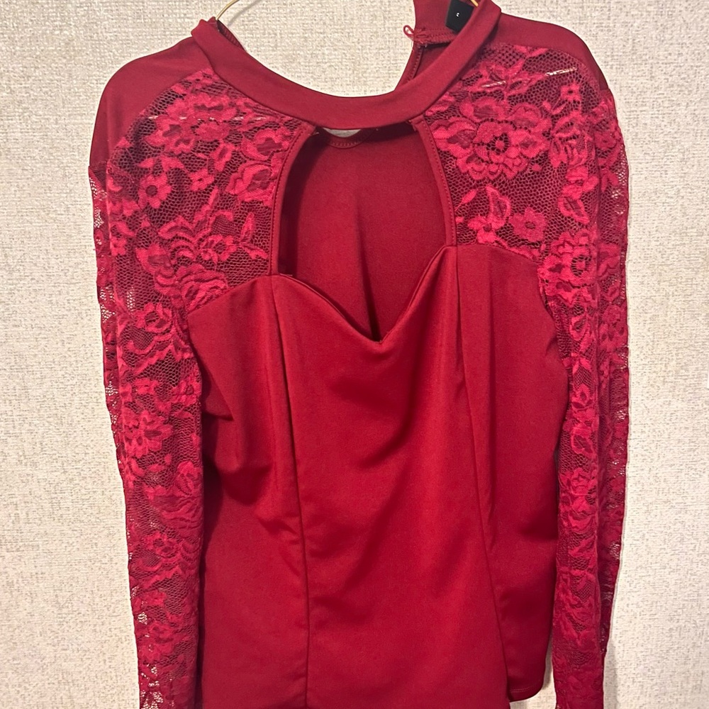 Red Long Sleeve Embellished Cut Out Blouse